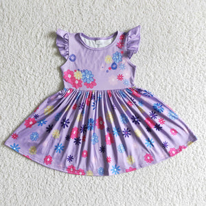 Promotional Purple Floral Cartoon Girls Flutter Sleeve Dress