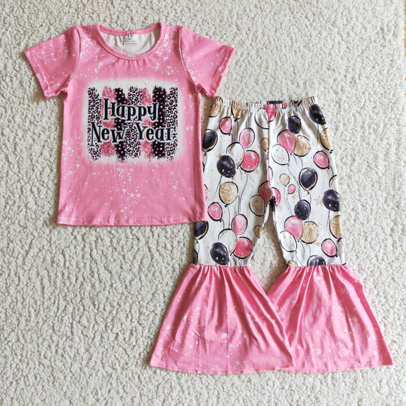 Promotional Happy New Year Balloon Pink Girls Short Sleeve+Trousers Sets