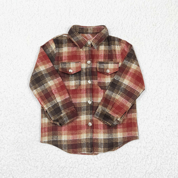 Pockets Brown Red Plaid Shirt Boys Long Sleeve Top