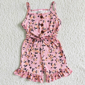 Pink Floral Belt Girls Jumpsuit
