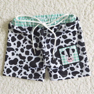 Cow Embroidery Green Plaid Boys Swimming Trunks