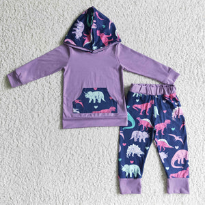 Dinosaur Purple Boys Fall Hoodie Sets