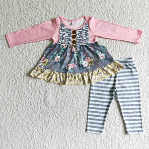Promotional Floral Gray Stripes Legging Girls Long Sleeve+Trousers Sets