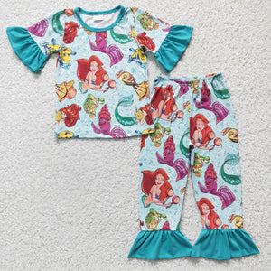 Mermaid Fish Blue Ruffles Girls Short Sleeve Pajamas