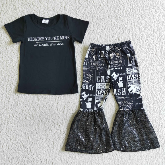 Sequins Black Letter Girls Short Sleeve+Trousers Sets