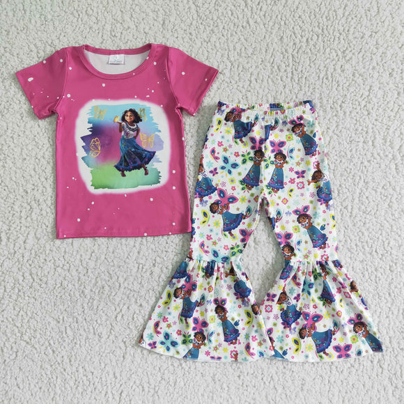 Promotional Cartoon Hot Pink Butterfly Girls Short Sleeve+Trousers Sets