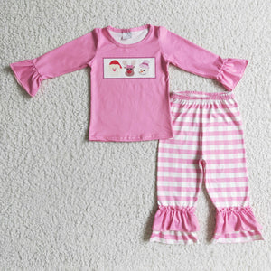 Promotional Santa Reindeer Snowman Plaid Pink Girls Christmas Outfits