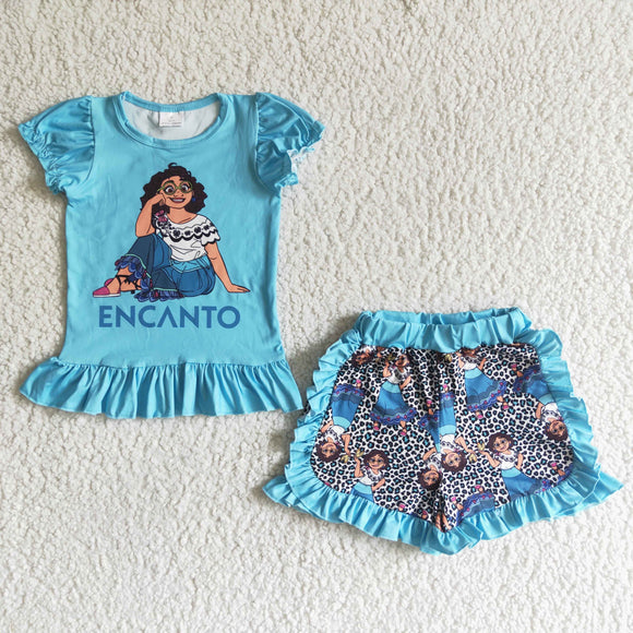 Promotional Cartoon Blue Girls Shorts Sets