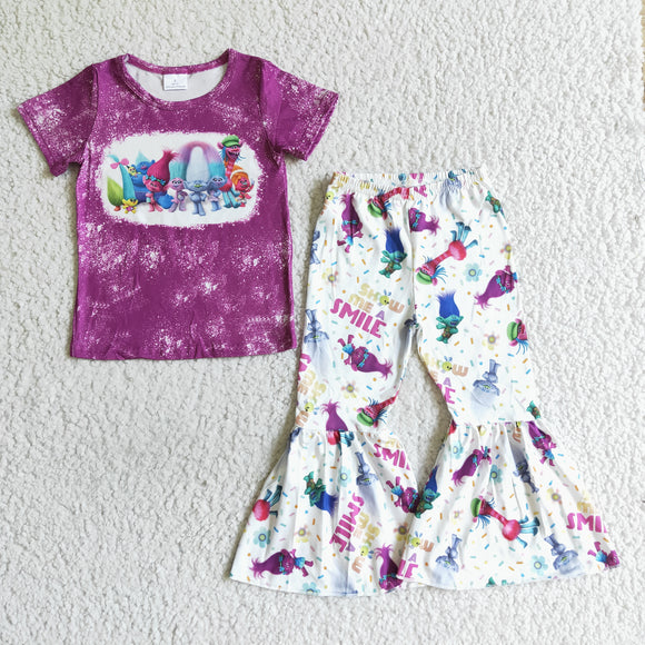 Promotional Cartoon Purple White Girls Short Sleeve+Trousers Sets