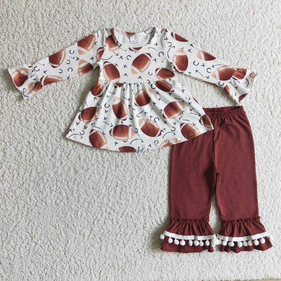 Football Brick Red Pompom Girls Long Sleeve+Trousers Sets