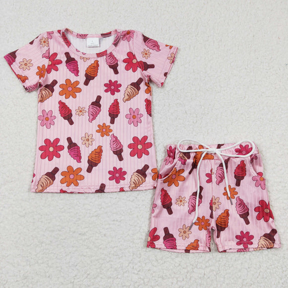 Floral Ice Cream Popsicle Pink Girls Shorts Sets