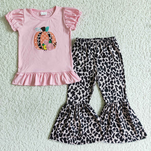 Pumpkin Floral Leopard Print Pink Girls Short Sleeve+Trousers Sets