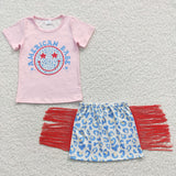 American Babe Stars Smile Pink Red Tassels Skirts Girls 4th of July Outfits