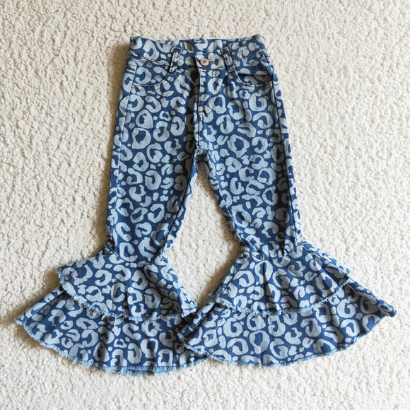 Leopard Print Blue Flared Girls Jeans Pants