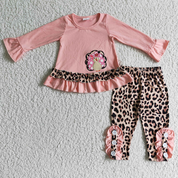 Turkey Embroidery Leopard Print Legging Pink Girls Thanksgiving Outfits