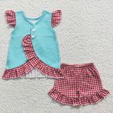 Promotional Hello Summer Red Plaid Girls Shorts Sets