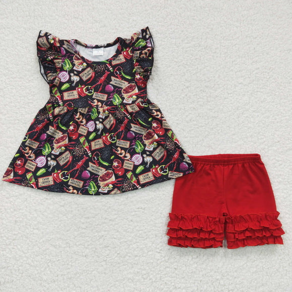 Crawfish Vegetable Black Red Girls Shorts Sets