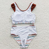 Stripe Brown Ruffles Girls Swimsuits