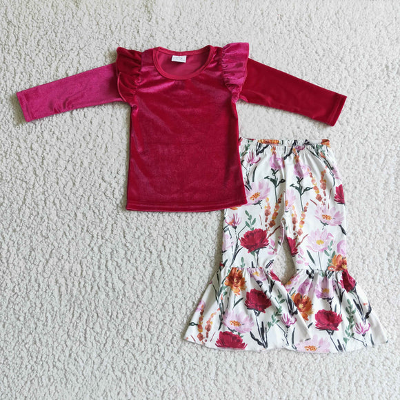 Solid Red Velvet Floral Girls Long Sleeve+Trousers Sets