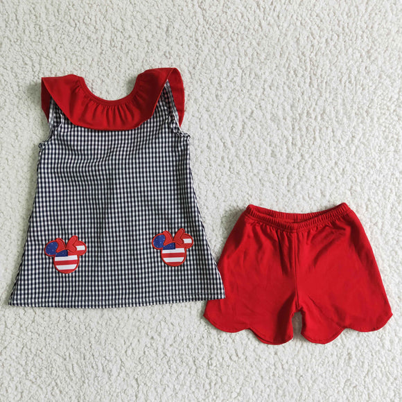 Promotional Cartoon Embroidery Bow Girls 4th of July Outfits