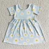 Promotional Floral Sky Blue Stripes Pockets Girls Short Sleeve Dress