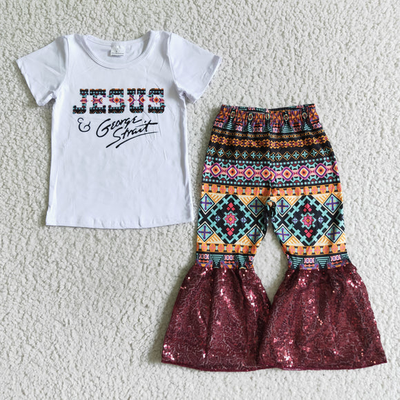 Promotional Jesus Aztec Red Sequins Girls Short Sleeve+Trousers Sets