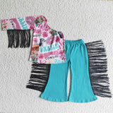 Promotional One Shoulder Cowgirl Tassels Girls Long Sleeve+Trousers Sets