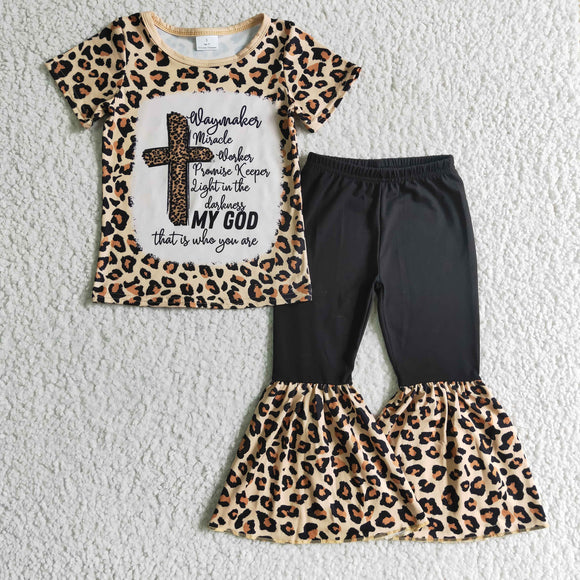 Cross Letters Leopard Print Girls Christmas Outfits