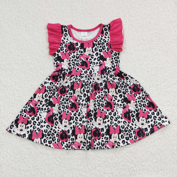 Promotional Cartoon Leopard Print Hot Pink Girls Flutter Sleeve Dress