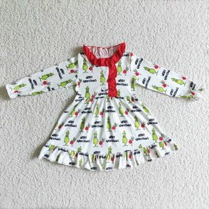 Cartoon Red Ruffles White Girls Christmas Dress