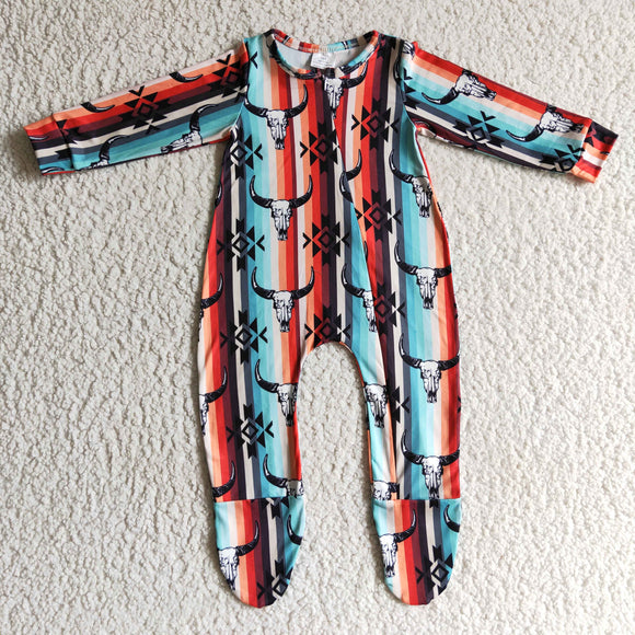Promotional Highland Cow Aztec Red Blue Stripe Boys Fall Romper