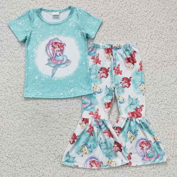 Cartoon Mermaid Sky Blue Girls Short Sleeve+Trousers Sets