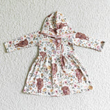 Highland Cow Floral Pink Hoodie Girls Long Sleeve Dress Coat