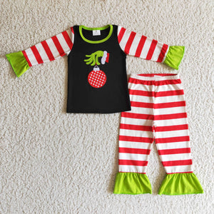 Cartoon Embroidery Red Stripe Black Girls Christmas Pajamas