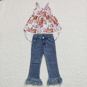 Highland Cow Floral Tassels Slim Jeans Girls Short Sleeve+Trousers Sets