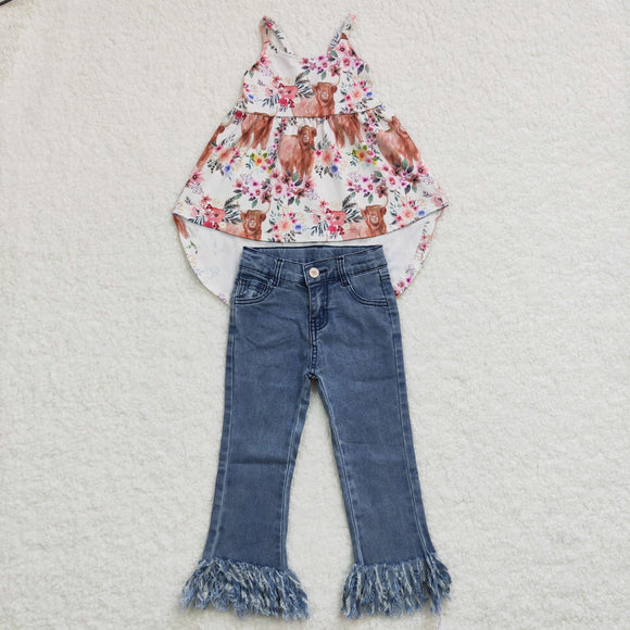 Highland Cow Floral Tassels Slim Jeans Girls Short Sleeve+Trousers Sets