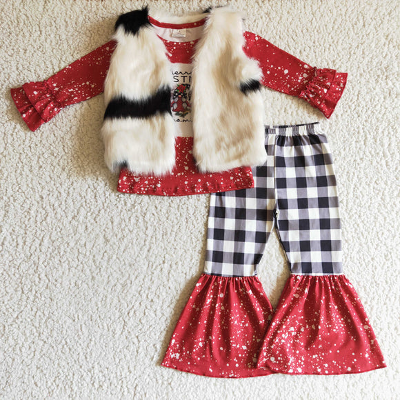 3PCS Vest Santa Plaid Girls Christmas Outfits