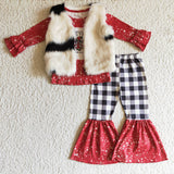 3PCS Vest Santa Plaid Girls Christmas Outfits
