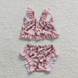 Horse Boots Floral Pink Girls Swimsuits