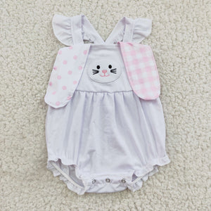 Bunny White Pink Plaid Girls Easter Romper