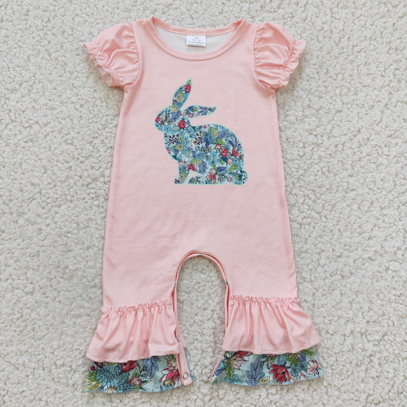 Floral Bunny Pink Ruffles Girls Easter Romper