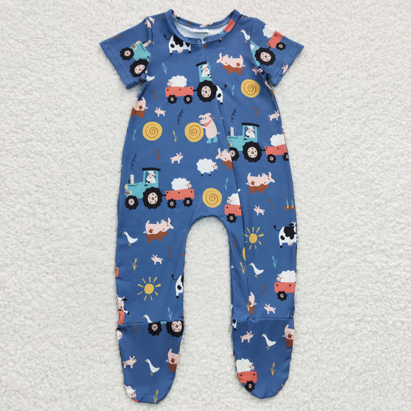 Cow Sheep Truck Blue Boys Summer Romper