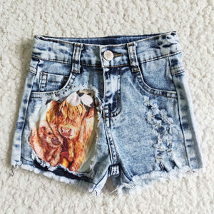 Cow Print Girls Jeans Denim Shorts