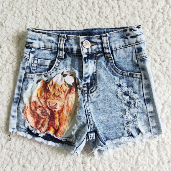 Cow Print Girls Jeans Denim Shorts