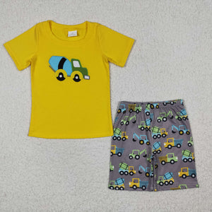 Engineering Vehicle Yellow Gray Boys Shorts Sets
