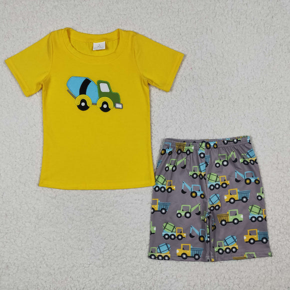 Engineering Vehicle Yellow Gray Boys Shorts Sets