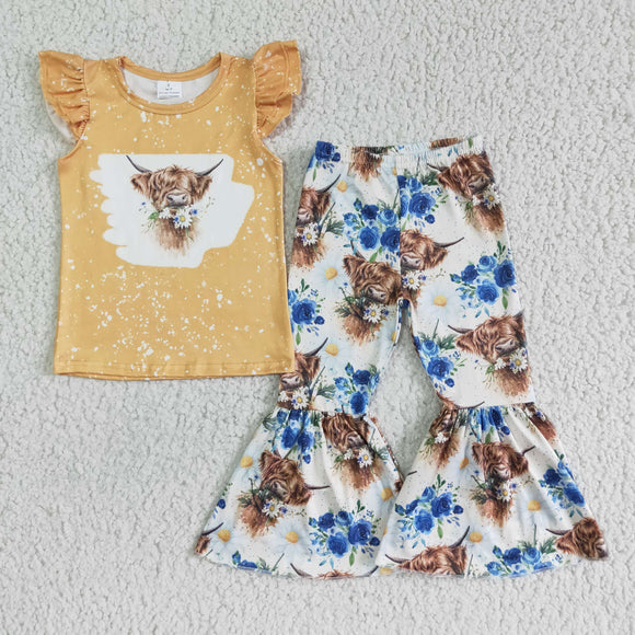 Cow Yellow Floral Girls Short Sleeve+Trousers sets