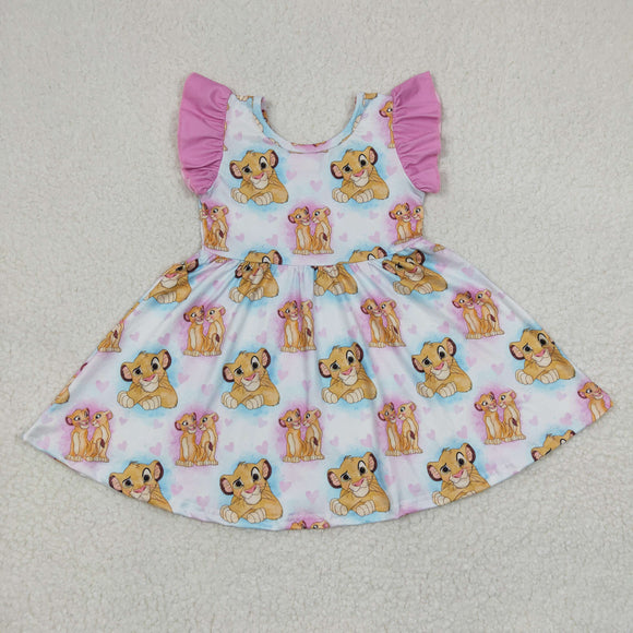 Promotional Cartoon Lion Pink White Girls Flutter Sleeve Dress