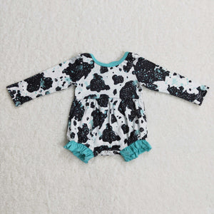 Bows Cow Print Blue Girls Fall Romper