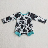 Bows Cow Print Blue Girls Fall Romper